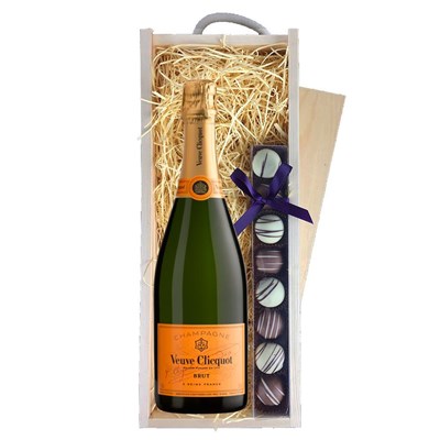 Veuve Clicquot Yellow Label Brut Champagne 75cl & Truffles, Wooden Box